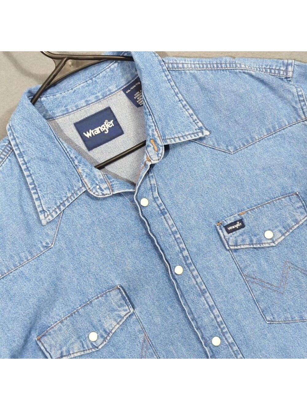 Wrangler Denim Shirt Men's XXL Blue Snap Button Western Long Sleeve Pockets